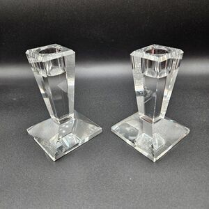 Oleg Cassini Signed 4"‎ Crystal Candle Sticks Holders Pair Set Square